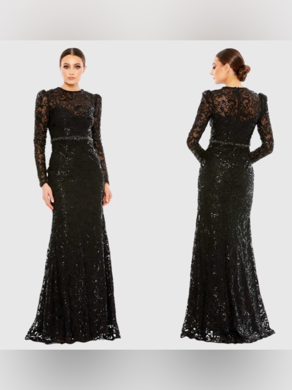 Mac Duggal Embellished High Neck Long Sleeve Gown in Black Sz: 22 #68011